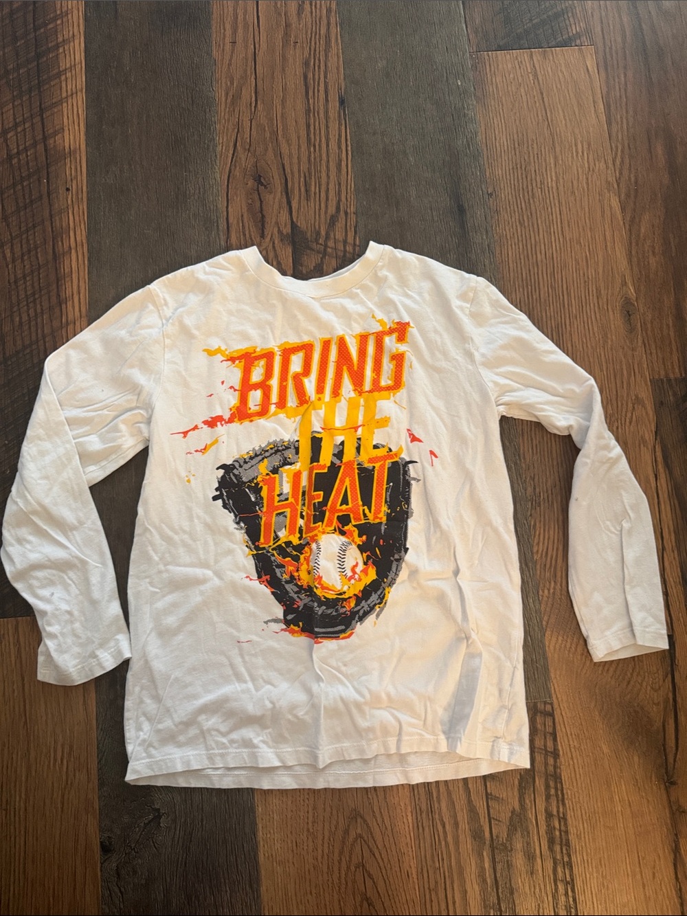 Place White Long Sleeve "Bring The Heat" Graphic Tee with Yellow & Orange Print